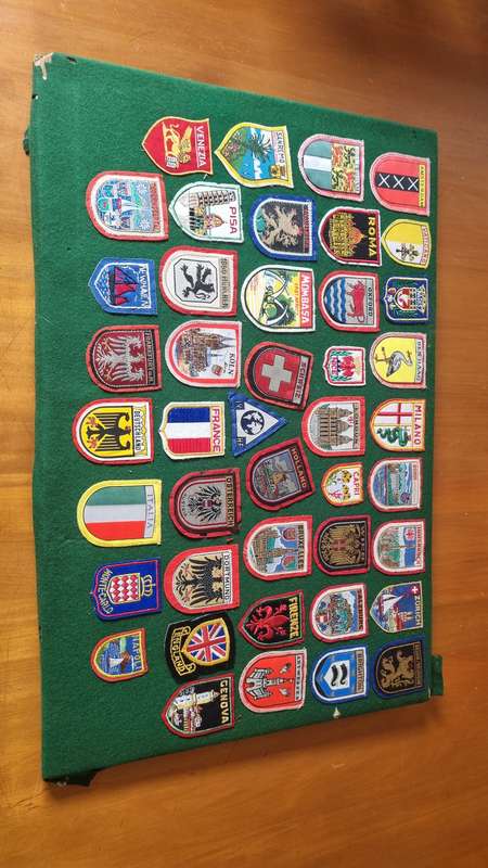 43 x Cloth Souvenir Badges in Excellent Condition neatly sewn patches, onto felt. Mombasa, Europe.