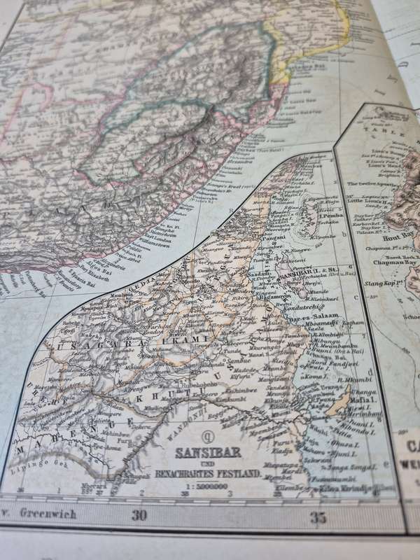 1898 Original Map of South East Africa, Zanzibar, Cape Town, Ethiopia, Reunion Mauritius, Madagascar