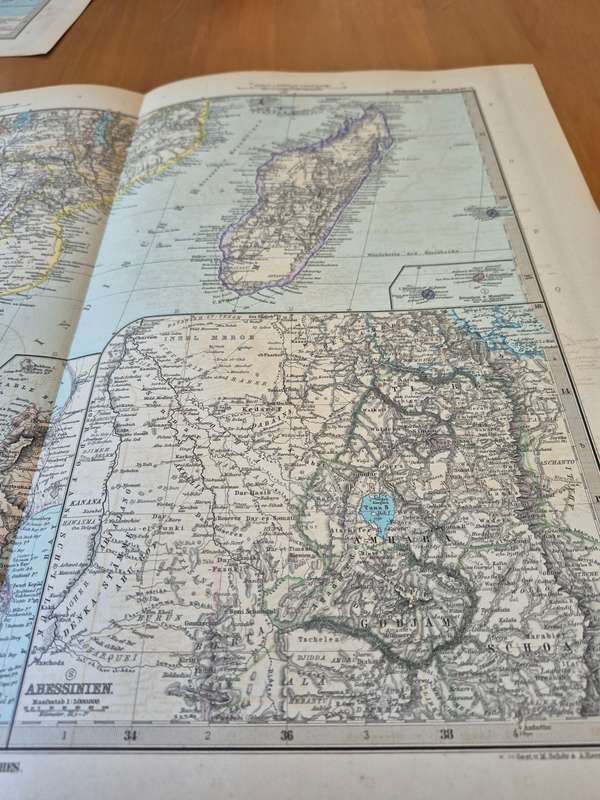 1898 Original Map of South East Africa, Zanzibar, Cape Town, Ethiopia, Reunion Mauritius, Madagascar