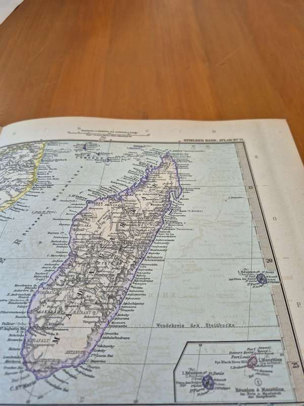 1898 Original Map of South East Africa, Zanzibar, Cape Town, Ethiopia, Reunion Mauritius, Madagascar
