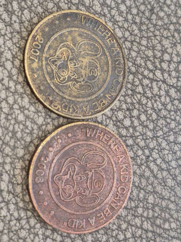 2 x Chuck. E. Cheese Solid Brass Tokens, 2007 and 2008 featuring rat mascot and slogan!