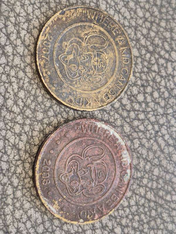 2 x Chuck. E. Cheese Solid Brass Tokens, 2007 and 2008 featuring rat mascot and slogan!