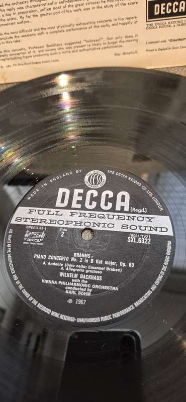 Wilhelm Backhaus Brahms Piano Concerto No. 2 on Decca SXL6322 LP Wide Band 2nd Ed. English Press