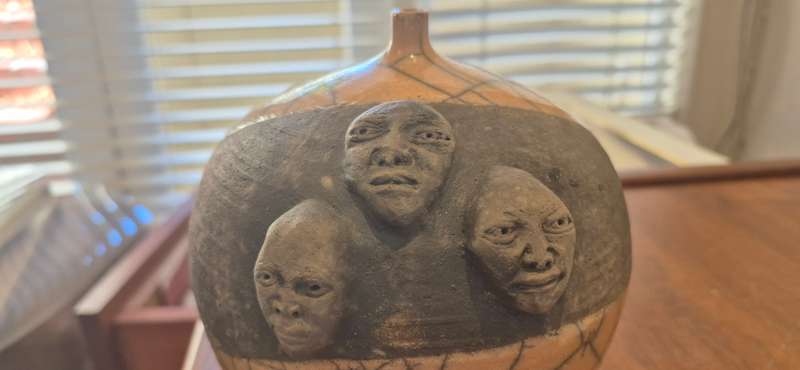 Douglas Lentsa. Hand Signed Ceramic Vase with Small Opening. 4 Ceramic Face Portraits!!!