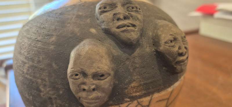 Douglas Lentsa. Hand Signed Ceramic Vase with Small Opening. 4 Ceramic Face Portraits!!!