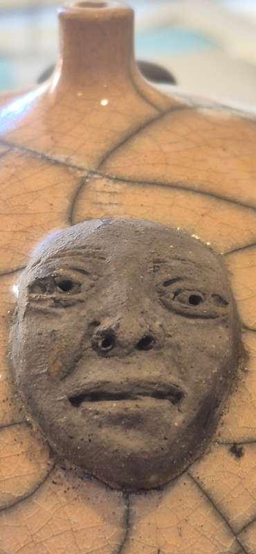 Douglas Lentsa. Hand Signed Ceramic Vase with Small Opening. 4 Ceramic Face Portraits!!!