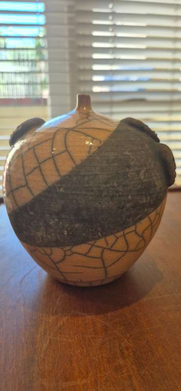Douglas Lentsa. Hand Signed Ceramic Vase with Small Opening. 4 Ceramic Face Portraits!!!