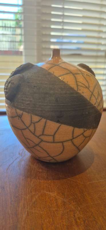 Douglas Lentsa. Hand Signed Ceramic Vase with Small Opening. 4 Ceramic Face Portraits!!!