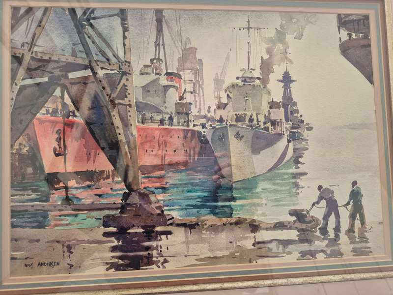 Nils Andersen ( 1897-1972). Original Watercolour, Destroyer Refitting, Durban Harbour, c. 1944.