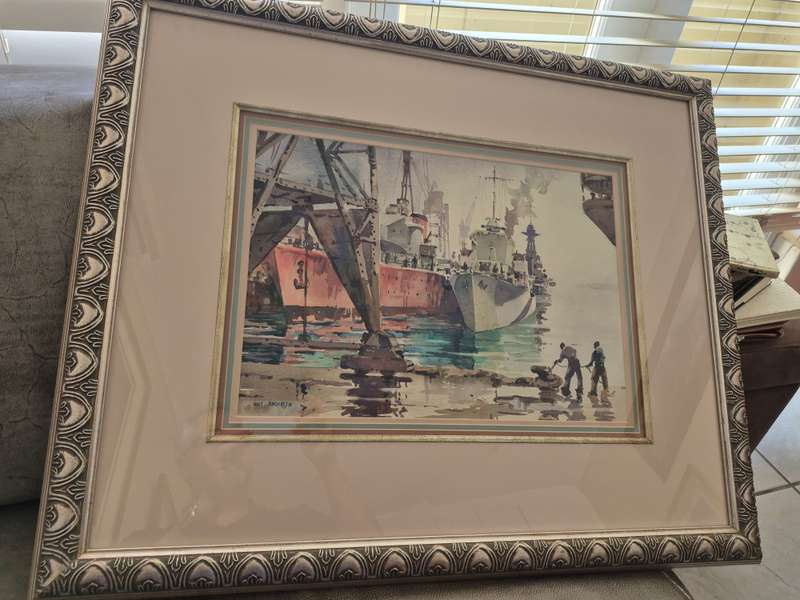 Nils Andersen ( 1897-1972). Original Watercolour, Destroyer Refitting, Durban Harbour, c. 1944.