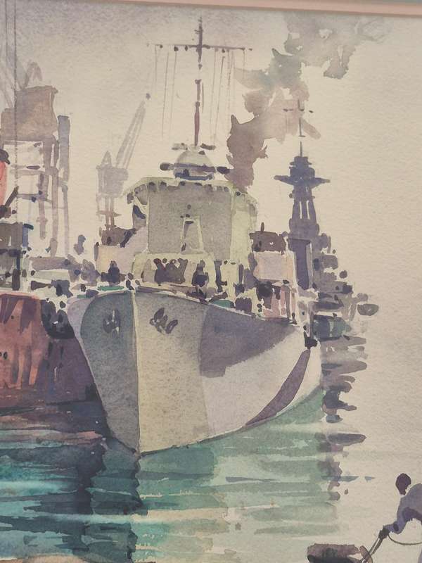 Nils Andersen ( 1897-1972). Original Watercolour, Destroyer Refitting, Durban Harbour, c. 1944.