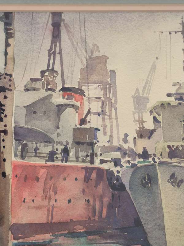 Nils Andersen ( 1897-1972). Original Watercolour, Destroyer Refitting, Durban Harbour, c. 1944.