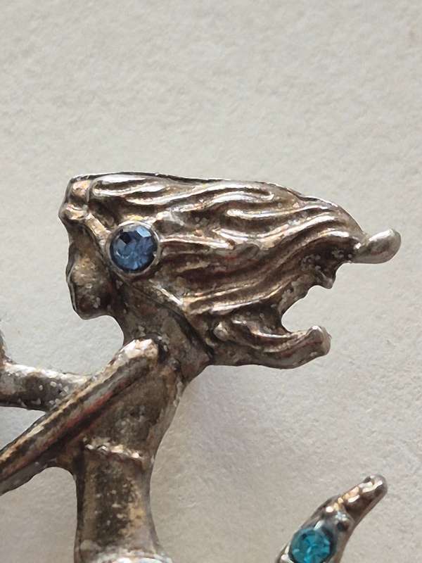 Mermaid and Heart Pendant. Blue Rhinestone and All Metal. Silver Tone.