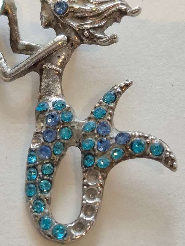 Mermaid and Heart Pendant. Blue Rhinestone and All Metal. Silver Tone.