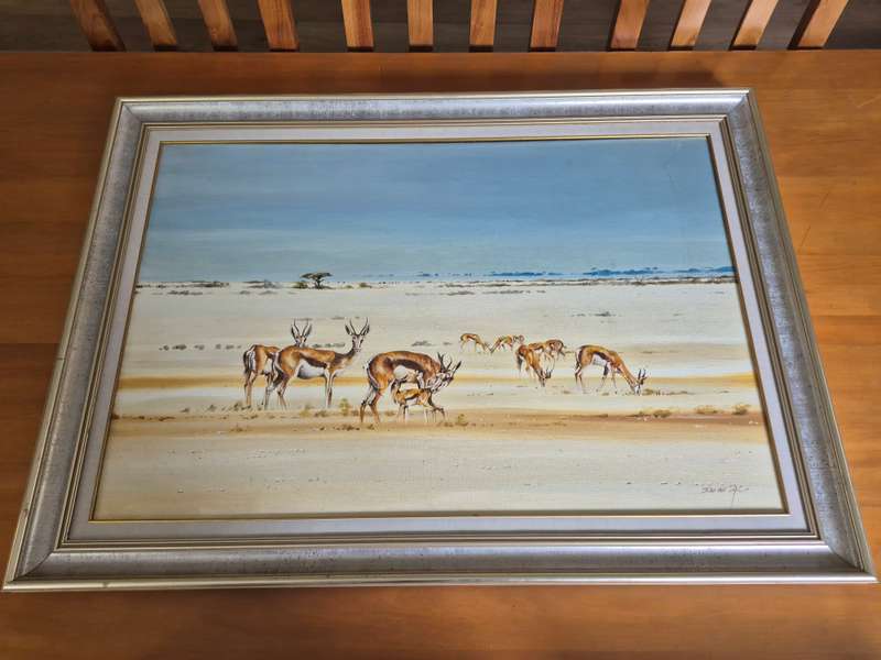Ian Van Zyl. Original Oil Painting of a Herd of Springbuck on a Flat Plain or Vlei. LARGE.