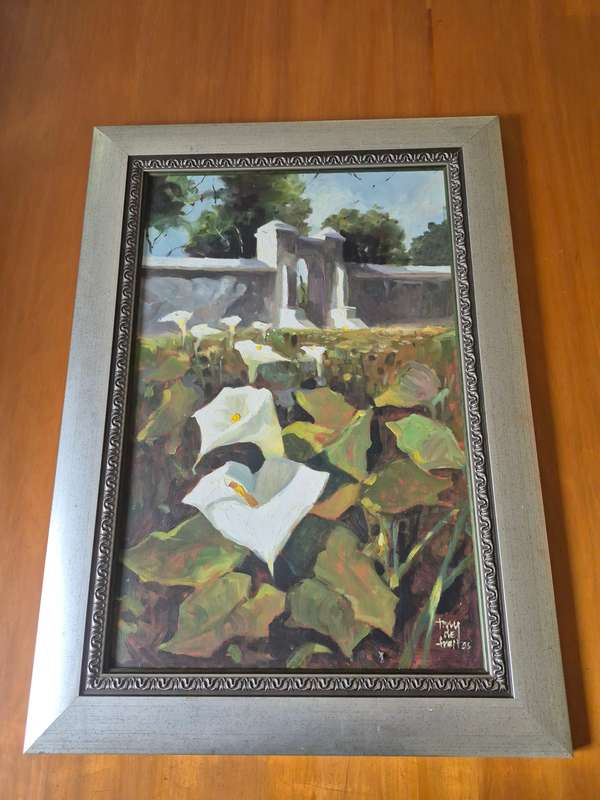 Tony de Freitas. Original Framed Oil Painting of Arum Lillies and Cape Dutch Doorway and Wall.