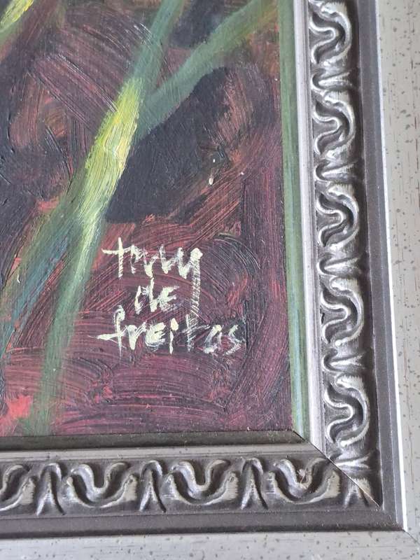 Tony de Freitas. Original Framed Oil Painting of Arum Lillies and Cape Dutch Doorway and Wall.