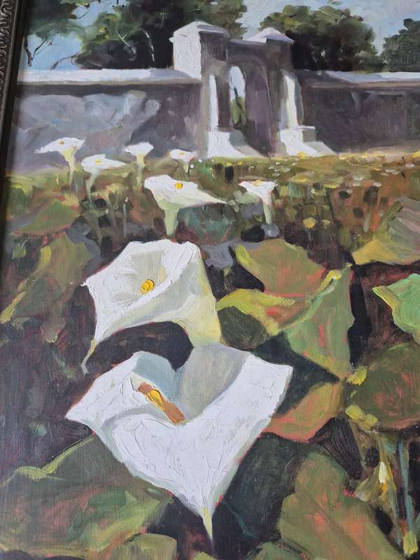 Tony de Freitas. Original Framed Oil Painting of Arum Lillies and Cape Dutch Doorway and Wall.