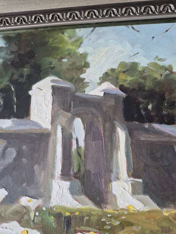 Tony de Freitas. Original Framed Oil Painting of Arum Lillies and Cape Dutch Doorway and Wall.