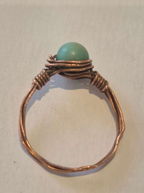 Ring Intricate Solid Copper Wire, Real Stone Green Bead. ALL HANDMADE, NOT JUNK.