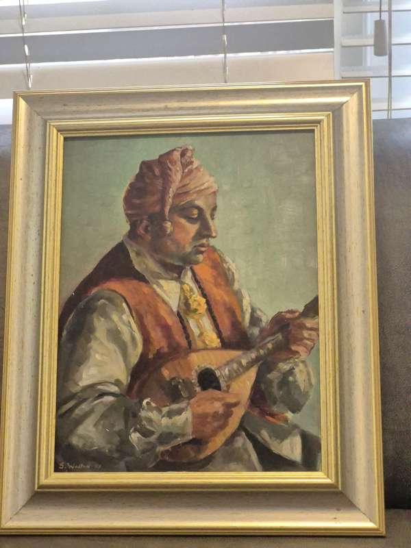 Sheila Walton. Italian Mandolin Player.  Traditional Sicilian . Original Oil Painting. Dated 1950.