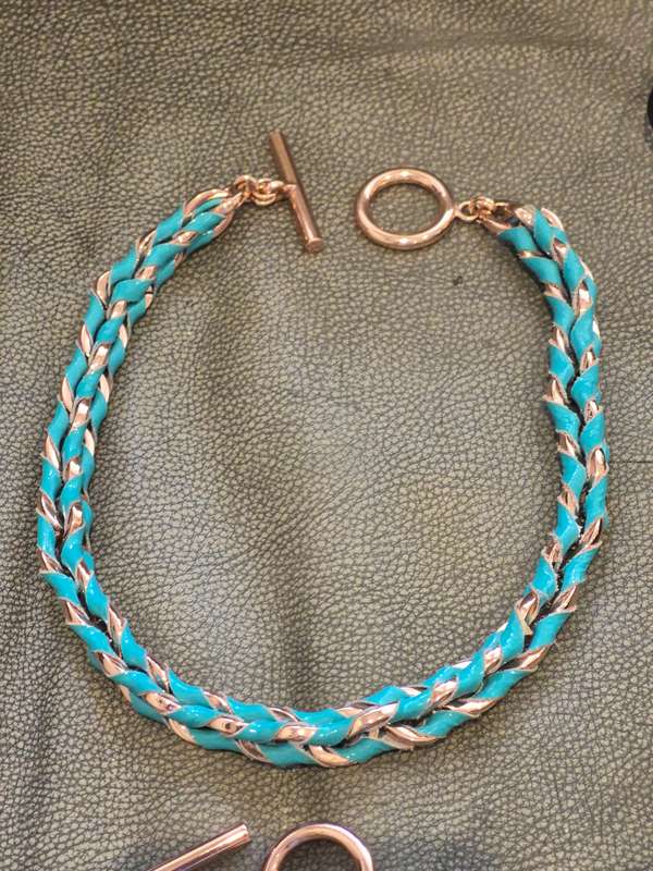 Mimco Australian Brand BRAND NEW Necklace and Bracelet Set. Rose Gold Tone and Green Patent Leather.