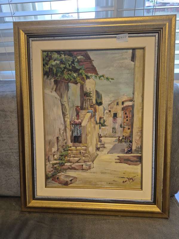 Mary Hope. Original Oil Painting of a North African Street Scene. Woman with Amphora on a Staircase.