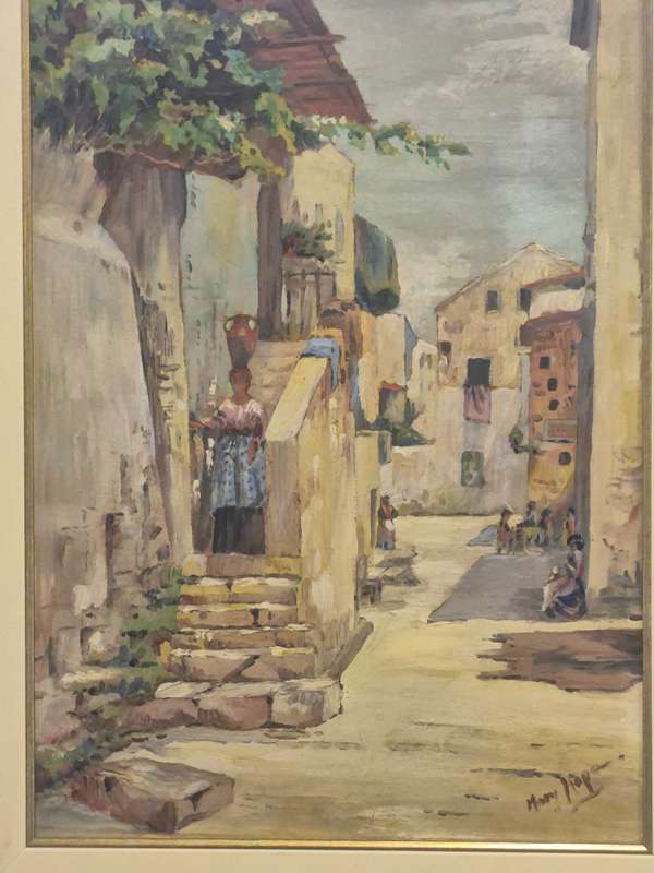 Mary Hope. Original Oil Painting of a North African Street Scene. Woman with Amphora on a Staircase.