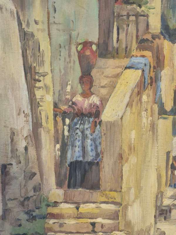 Mary Hope. Original Oil Painting of a North African Street Scene. Woman with Amphora on a Staircase.