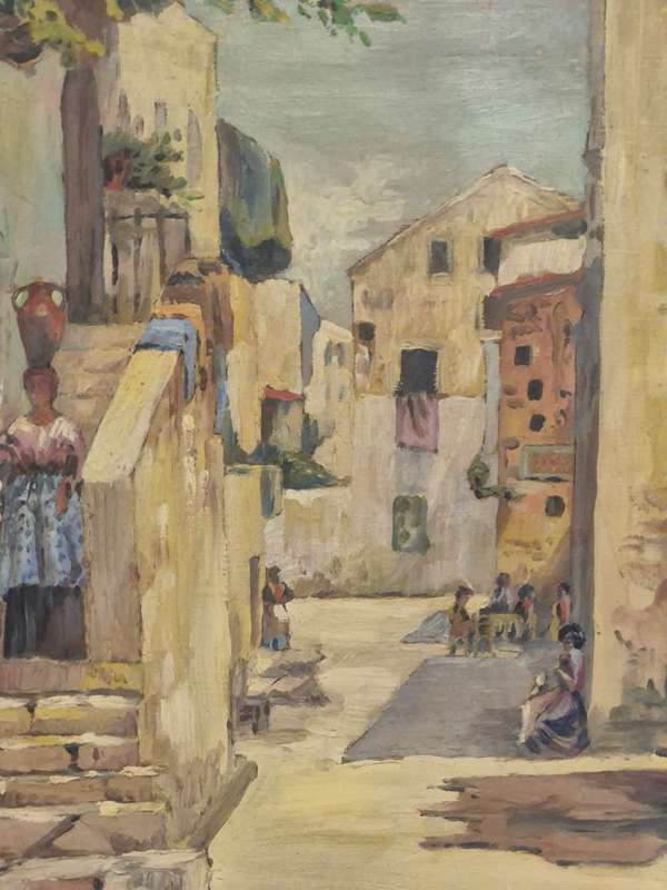 Mary Hope. Original Oil Painting of a North African Street Scene. Woman with Amphora on a Staircase.