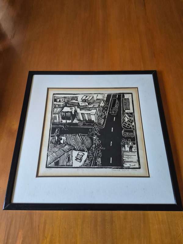Patrick Holo (1948-). Signed Limited 11/100  Linocut. Busy Corner.