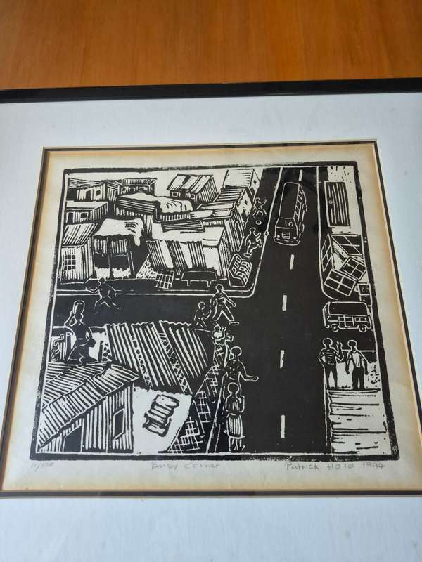 Patrick Holo (1948-). Signed Limited 11/100  Linocut. Busy Corner.