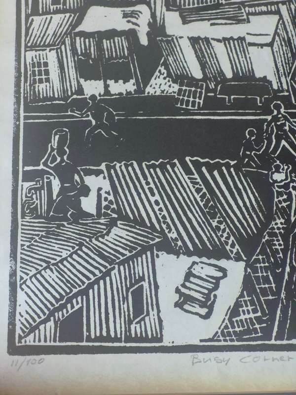 Patrick Holo (1948-). Signed Limited 11/100  Linocut. Busy Corner.