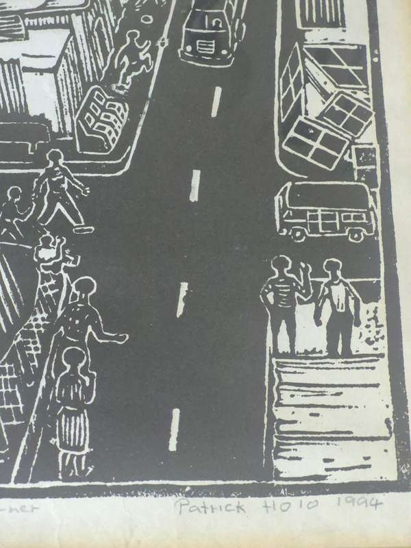 Patrick Holo (1948-). Signed Limited 11/100  Linocut. Busy Corner.