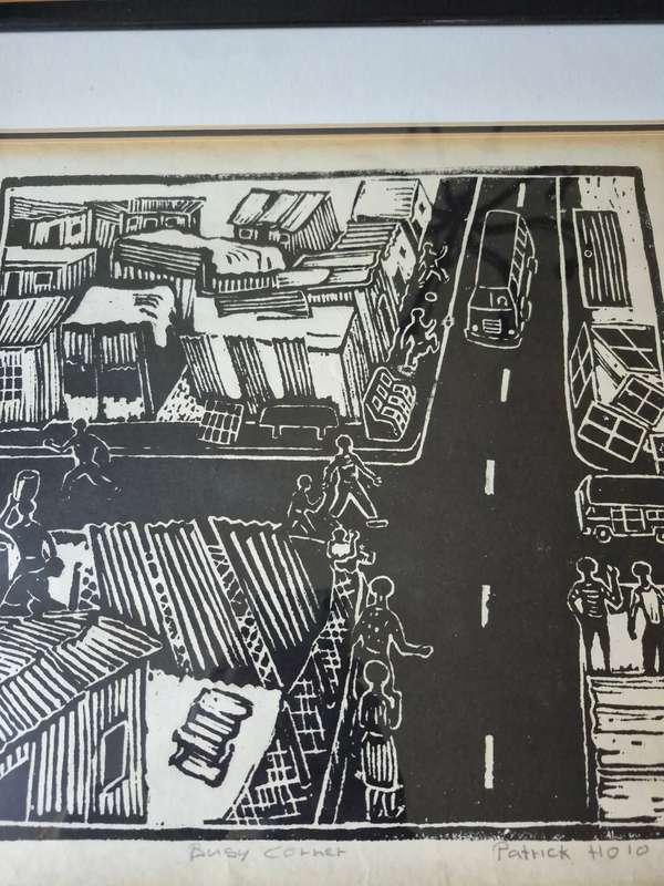 Patrick Holo (1948-). Signed Limited 11/100  Linocut. Busy Corner.