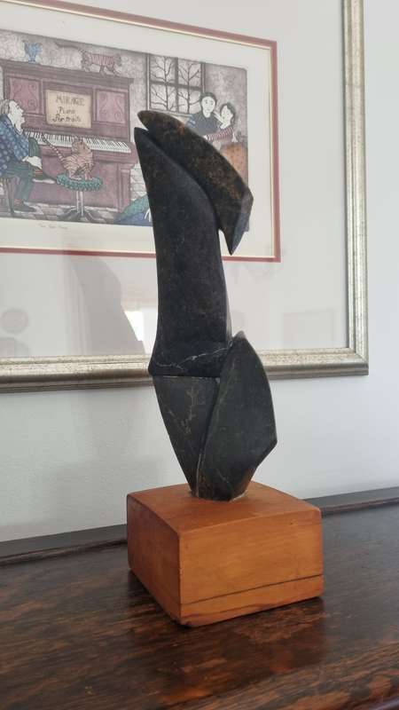 June te Water (1924-). Stone Sculpture. Abstract Figure of Woman on Yellowwood Plinth.  Listed S.A.