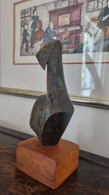 June te Water (1924-). Stone Sculpture. Abstract Figure of Woman on Yellowwood Plinth.  Listed S.A.