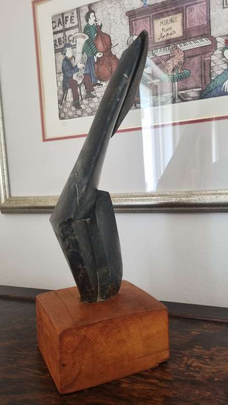 June te Water (1924-). Stone Sculpture. Abstract Figure of Woman on Yellowwood Plinth.  Listed S.A.