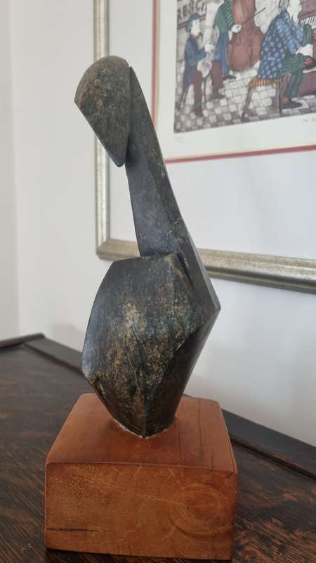 June te Water (1924-). Stone Sculpture. Abstract Figure of Woman on Yellowwood Plinth.  Listed S.A.