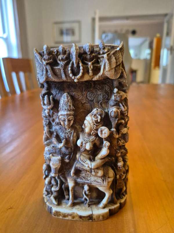 Hand carved Indian Nayaka Ivory. 17th to 18th century. Hindu Gods Shiva and Varvati on Nandi.