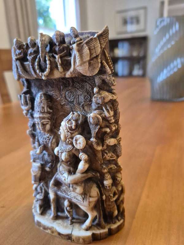 Hand carved Indian Nayaka Ivory. 17th to 18th century. Hindu Gods Shiva and Varvati on Nandi.