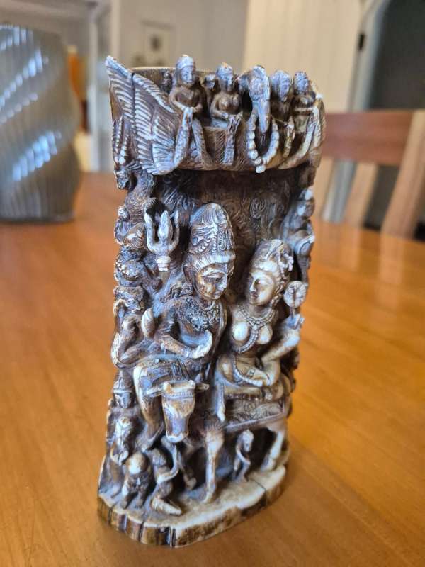 Hand carved Indian Nayaka Ivory. 17th to 18th century. Hindu Gods Shiva and Varvati on Nandi.