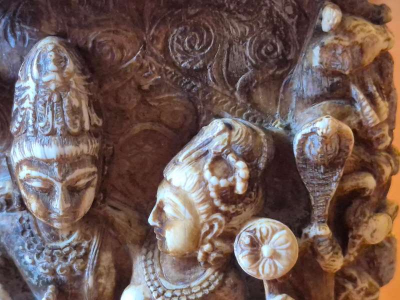 Hand carved Indian Nayaka Ivory. 17th to 18th century. Hindu Gods Shiva and Varvati on Nandi.