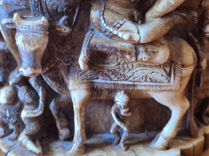 Hand carved Indian Nayaka Ivory. 17th to 18th century. Hindu Gods Shiva and Varvati on Nandi.