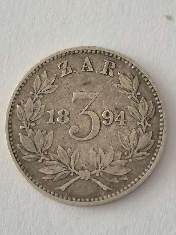 1894 Threepence 3d ZAR Zuid Afrikaanse Republiek. Solid Silver.