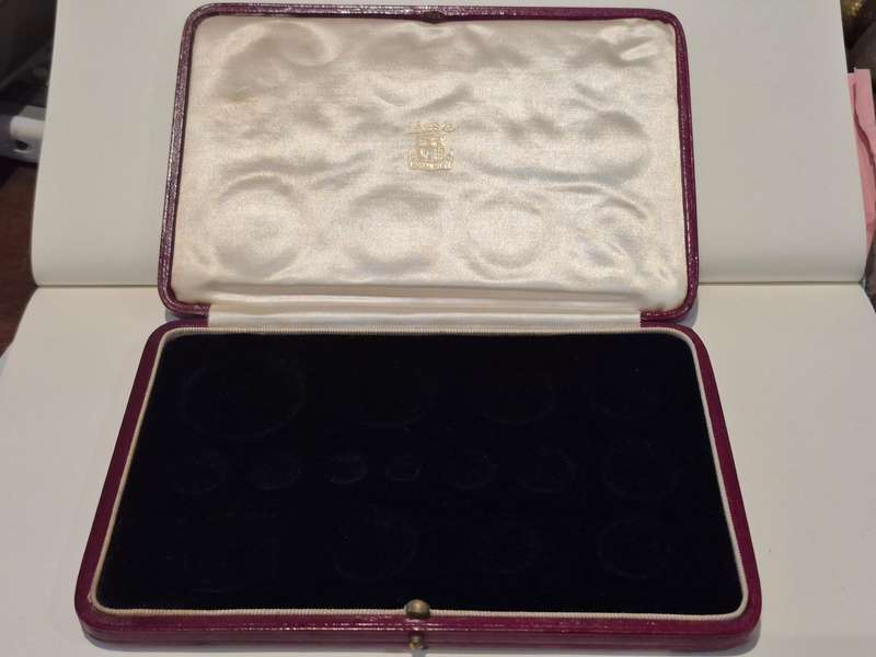 1937  Specimen Coins Box Only George VI Coronation Celebration. Red leather, gilt, velvet and plush.