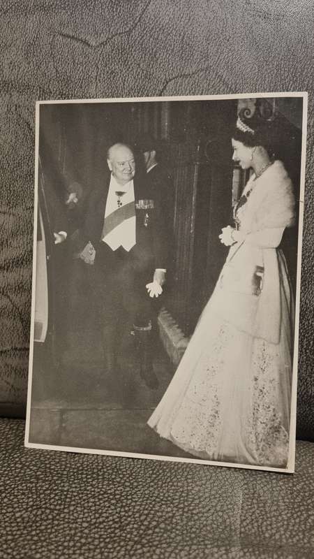 Real Press Photograph: Winston Churchill bids good-night to the Queen, Elizabeth II
