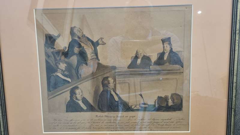 DAUMIER: Robert Macaire devant ses juges . ORIGINAL 1837 lithograph, hand coloured at the time.