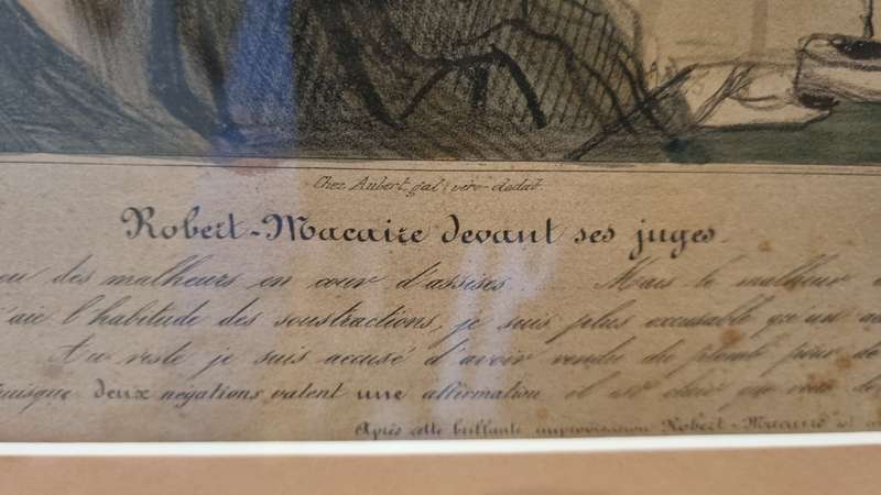 DAUMIER: Robert Macaire devant ses juges . ORIGINAL 1837 lithograph, hand coloured at the time.