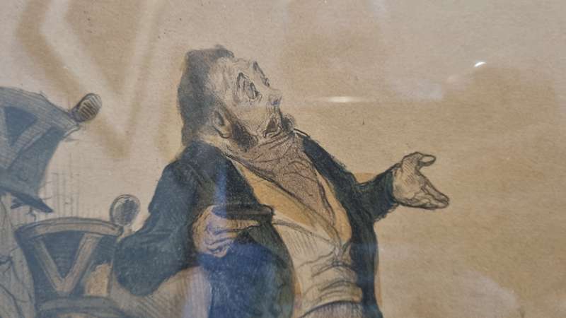 DAUMIER: Robert Macaire devant ses juges . ORIGINAL 1837 lithograph, hand coloured at the time.